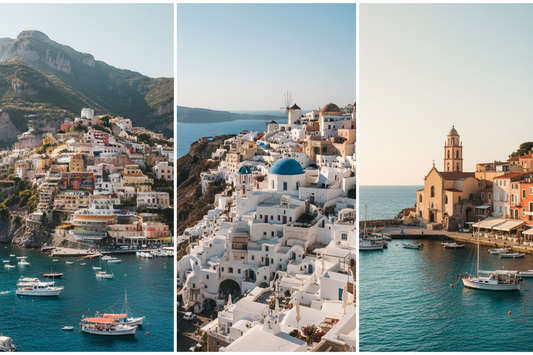 Collage des plus beaux villages méditerranéens : Positano, Oia Santorin et Collioure, mer turquoise et lumière dorée estivale