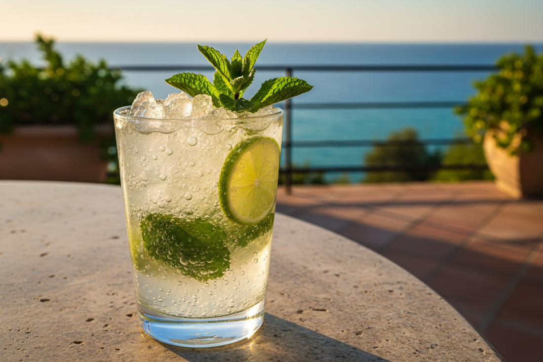 Verre de mojito classique avec menthe fraîche et citron vert sur terrasse méditerranéenne ensoleillée avec vue mer turquoise