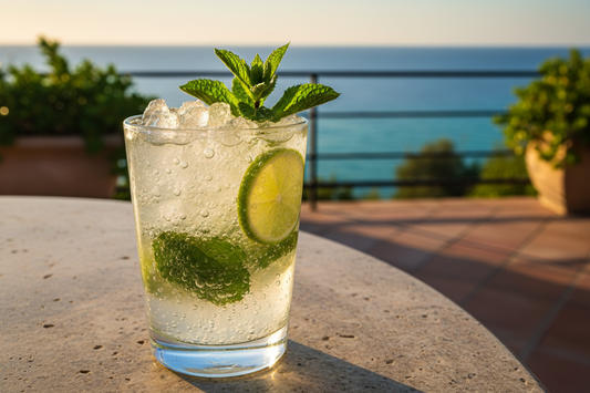 Verre de mojito classique avec menthe fraîche et citron vert sur terrasse méditerranéenne ensoleillée avec vue mer turquoise